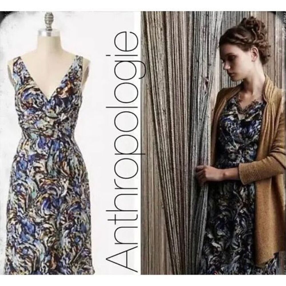 Anthropologie Moulinette Soeurs Silk Oak Apple Blue Faux Wrap Midi Dress Sleevel